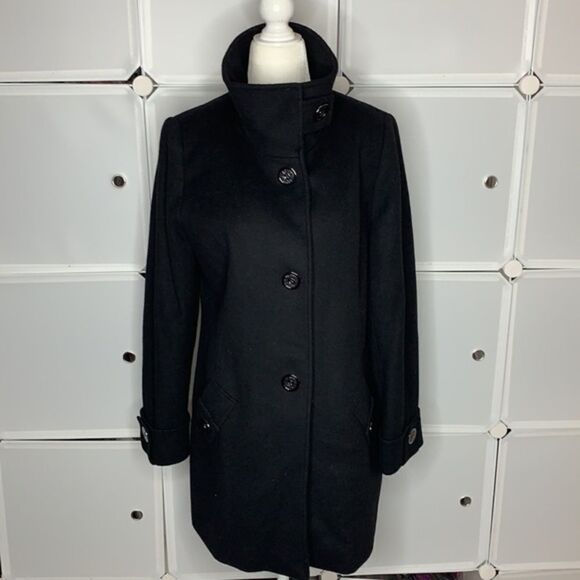 Kristen Blake Black Fine Australian Wool Blend Funnel Neck Pea Coat Size Small - Picture 1 of 13